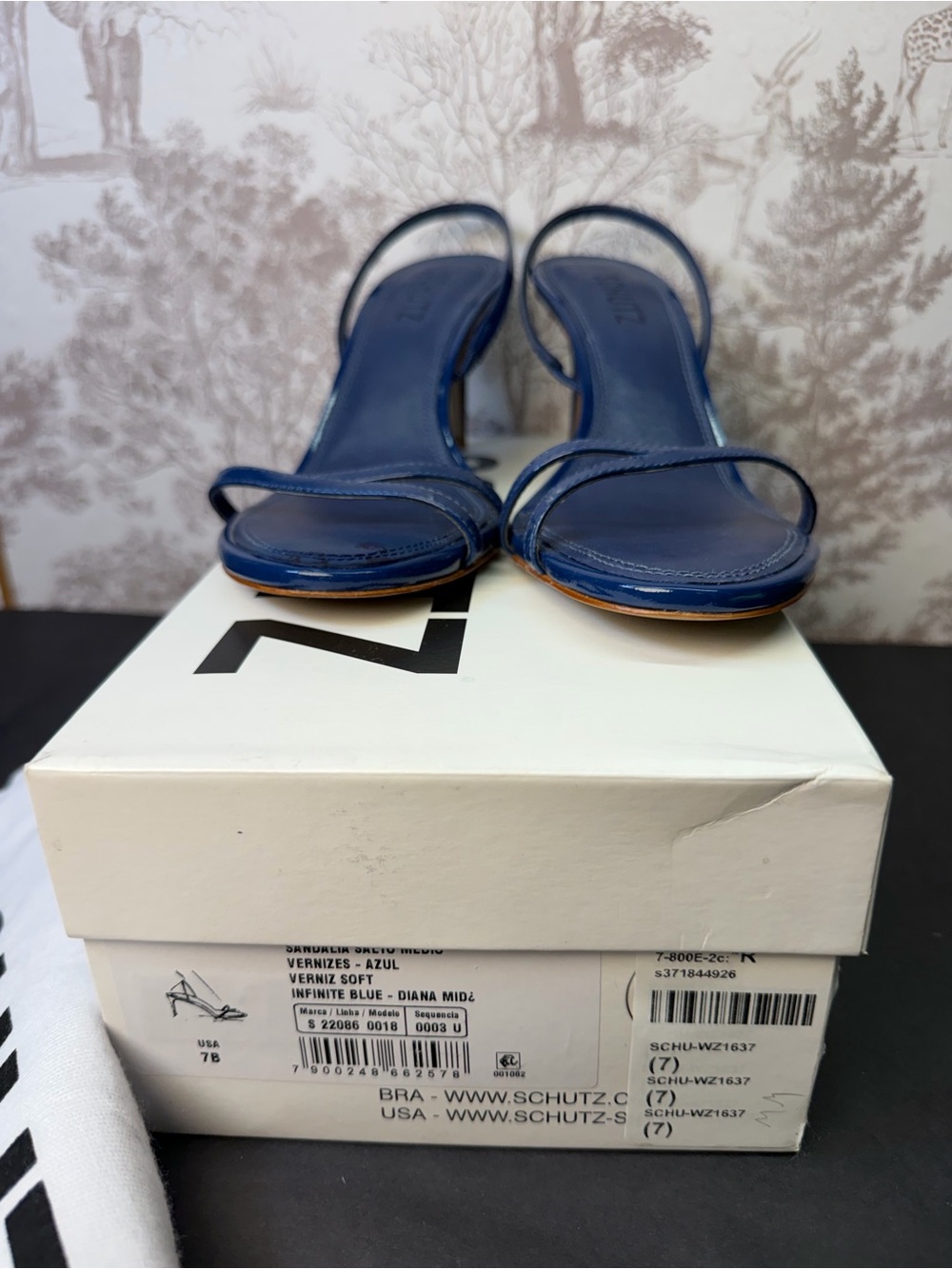 Schutz Diana Mid Sandal in Infinite Blue patent leather kitten heel strappy - Picture 4 of 9